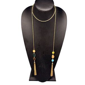 VTG Crystal Faux Stones Tassel Chain One Long Strand Lariat Necklace